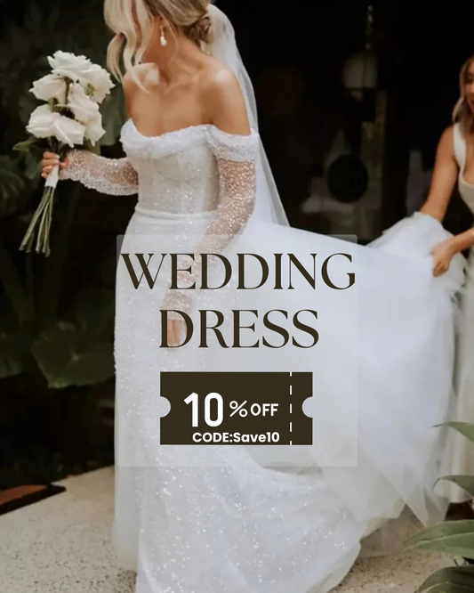 Bride wearing an elegant off the shoulder wedding dress holding a bouquet of white flowers