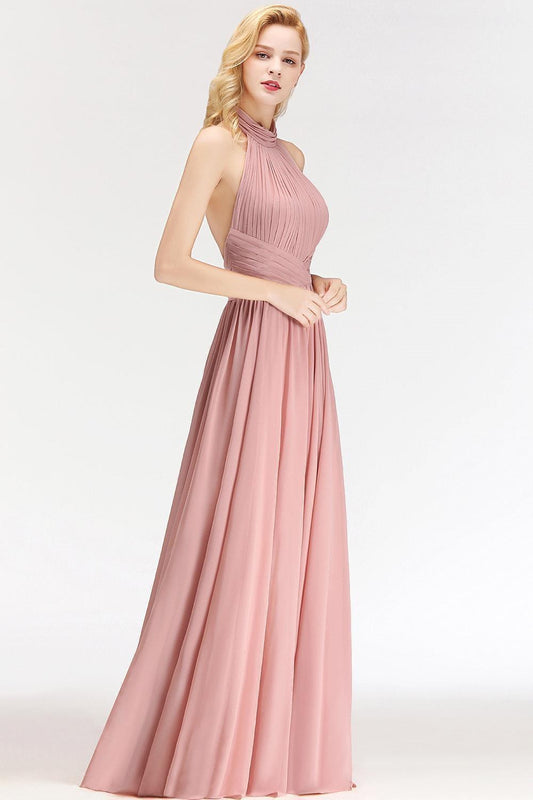 Model in a dusty rose halter chiffon bridesmaid dress