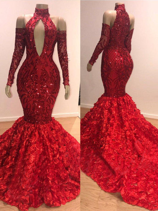 Burgundy high neck long sleeve sequined gown showing sleeve fit