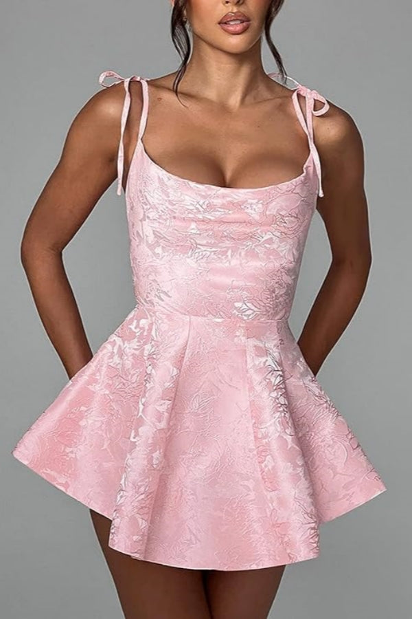 Short A-line Spaghetti Straps Satin Sleeveless Party Dress Jacquard Homecoming Dress
