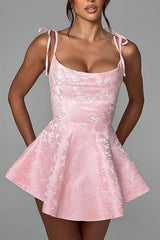 Short A-line Spaghetti Straps Satin Sleeveless Party Dress Jacquard Homecoming Dress