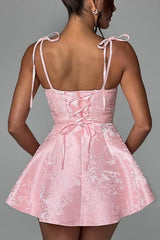 Short A-line Spaghetti Straps Satin Sleeveless Party Dress Jacquard Homecoming Dress