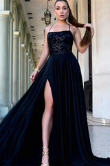 Dark Navy Spaghetti-Strap Evening Dress with Slit