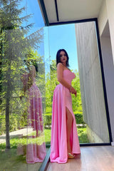 Pink Off-the-Shoulder A-Line Silk Evening Dress with Slit