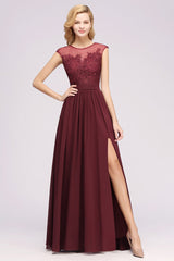 Burgundy Illusion Lace A-Line Bridesmaid Dress