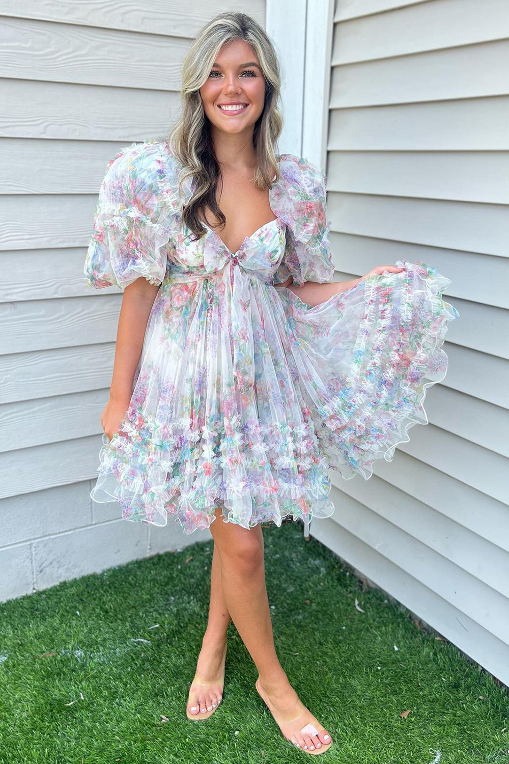 Fuchsia Puff Sleeves A-Line Floral Short Homecoming Dress with Ruffles