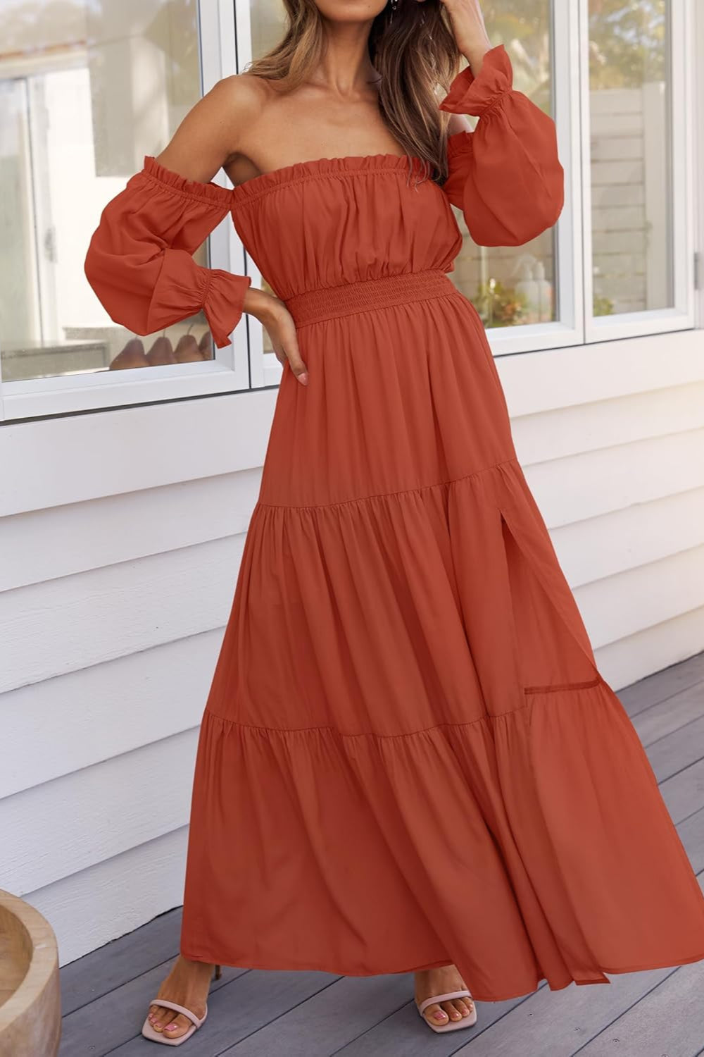 Boho Off-the-Shoulder Long Sleeves High Waist Formal Dress