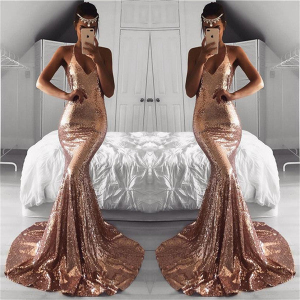 V-Neck Sleeveless Sequins Mermaid Evening Dress