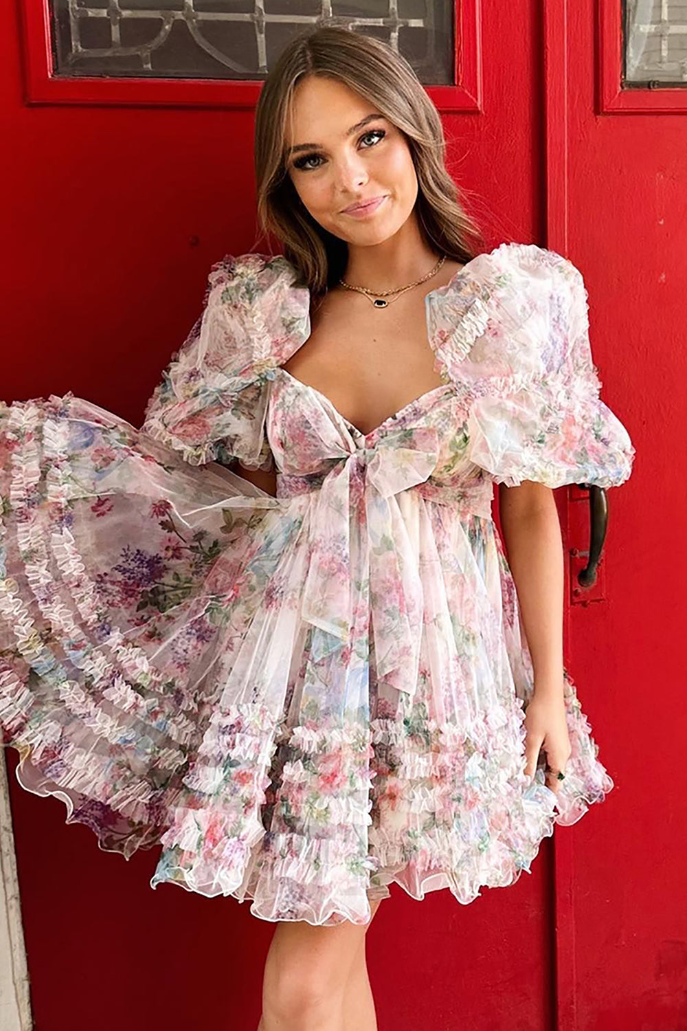 Fuchsia Puff Sleeves A-Line Floral Short Homecoming Dress with Ruffles
