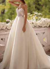 Long A-Line V Neck Tulle Lace Sweep Train Wedding Dresses With Appliques Lace