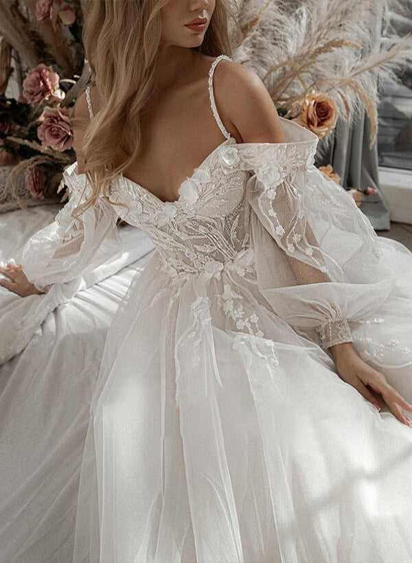Long Ball Gown Sweetheart Tulle Lace Sweep Train Wedding Dresses with Sleeves