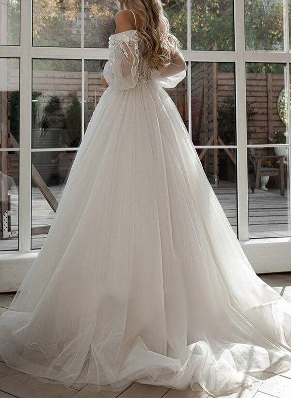Long Ball Gown Sweetheart Tulle Lace Sweep Train Wedding Dresses with Sleeves