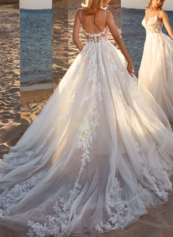 Long A-line V-neck Sleeveless Tulle Wedding Dress With Lace Appliques