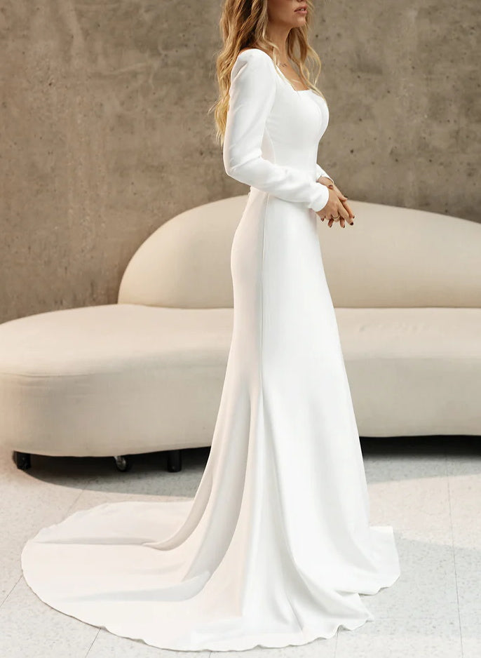 Simple Long Mermaid Square Neckline Satin Wedding Dresses with Sleeves