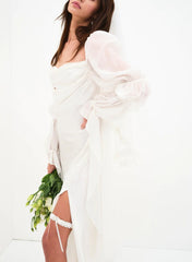 Boho Long Sleeves Sheath Cowl Neck Satin Wedding Dresses with Slit