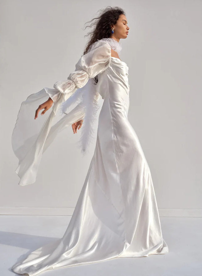 Boho Long Sleeves Sheath Cowl Neck Satin Wedding Dresses with Slit