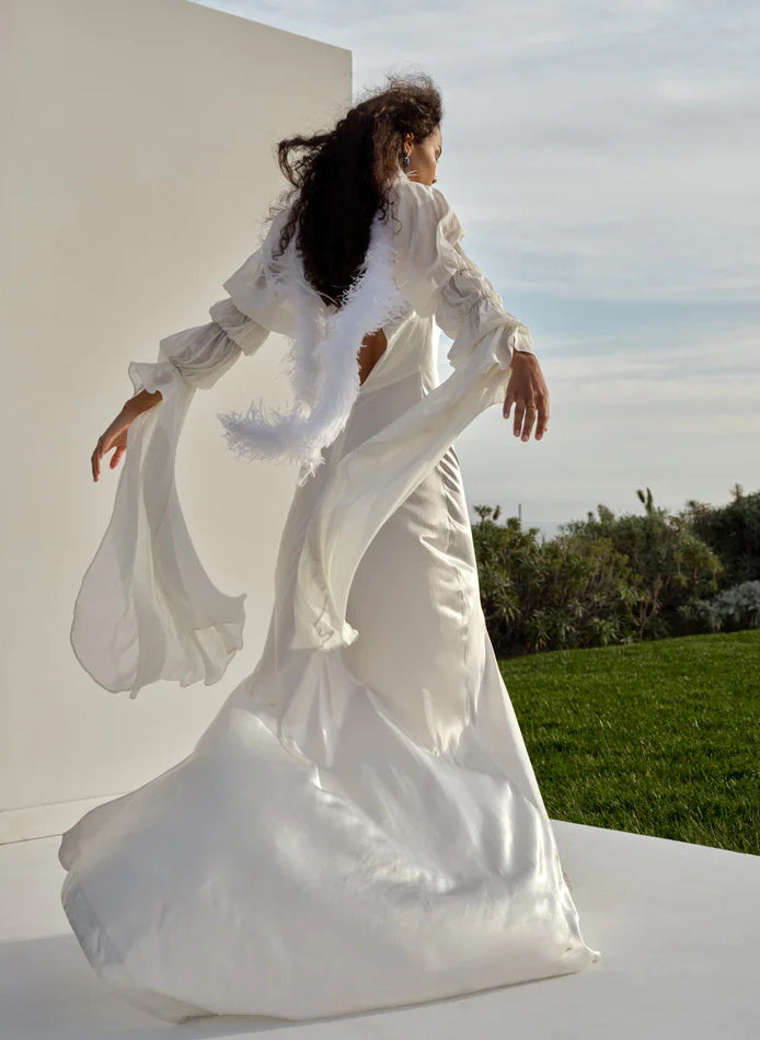 Boho Long Sleeves Sheath Cowl Neck Satin Wedding Dresses with Slit