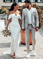 Long Off-The-Shoulder Mermaid Satin Wedding Dresses With Slit