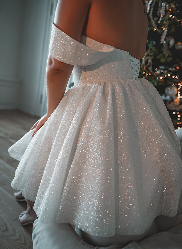 Sparkly Short A-line Off the Shoulder Sequins Lace-up Wedding Dresses