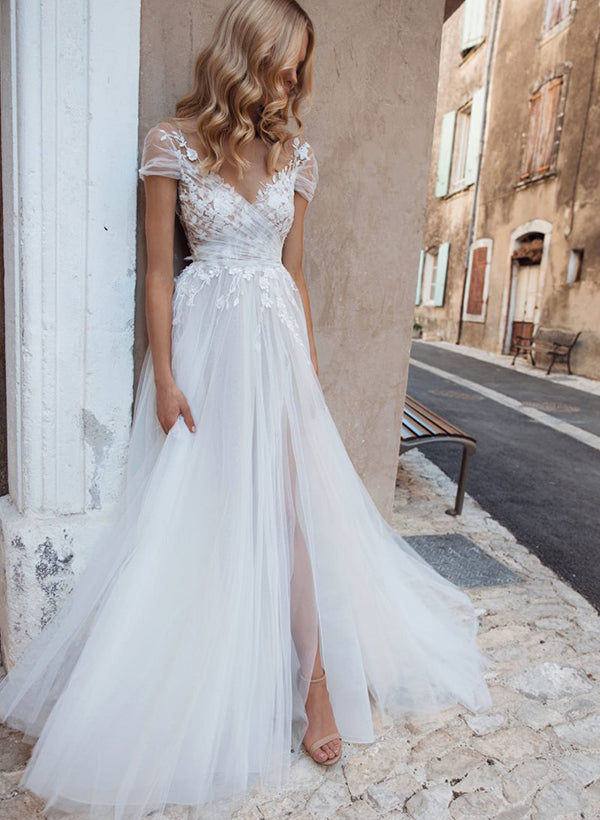 Boho Long A-Line V-Neck Lace Tulle Backless Wedding Dresses With Front Split