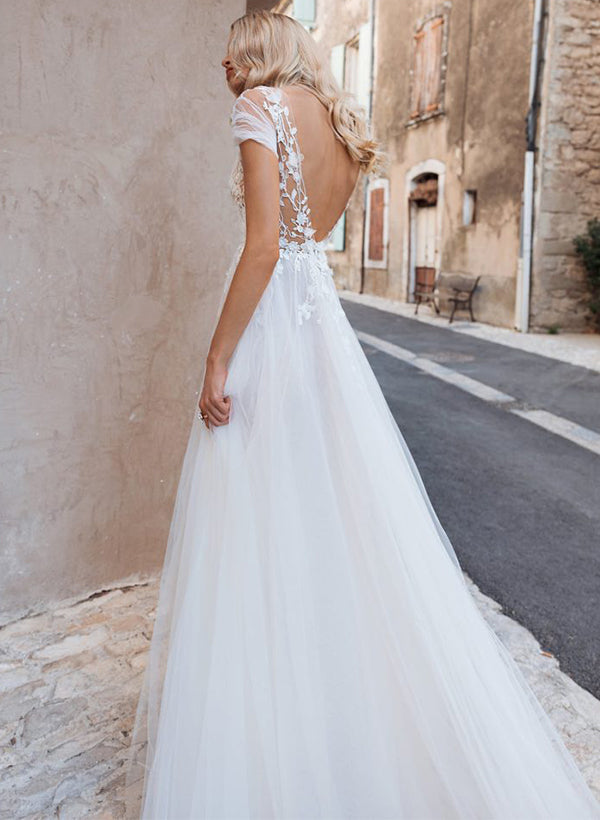 Boho Long A-Line V-Neck Lace Tulle Backless Wedding Dresses With Front Split
