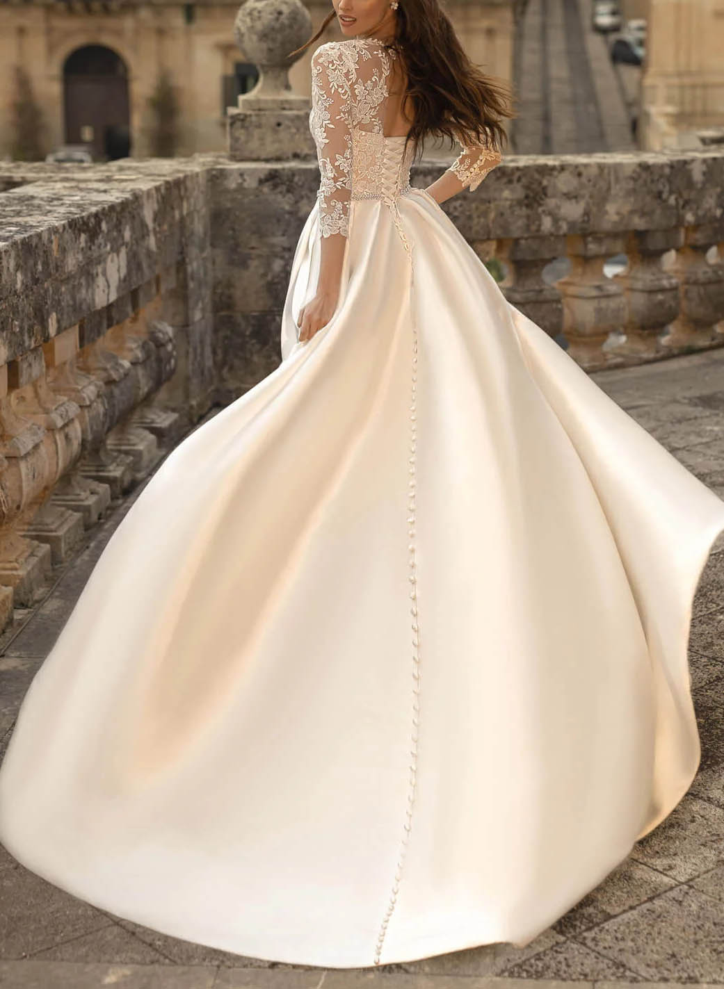 Long Ball Gown Satin Lace Backless Pockets Wedding Dresses with Sleeves