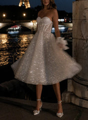 Short A-Line Strapless Sleeveless Tea-Length Sequined Wedding Dresses