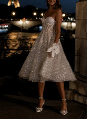 Short A-Line Strapless Sleeveless Tea-Length Sequined Wedding Dresses