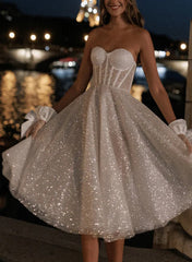 Short A-Line Strapless Sleeveless Tea-Length Sequined Wedding Dresses