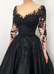Black Long Sleeves A-Line Sweetheart Lace Satin Wedding Dress with Sweep Train