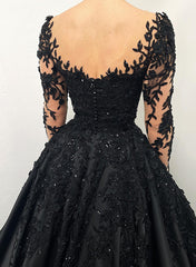 Black Long Sleeves A-Line Sweetheart Lace Satin Wedding Dress with Sweep Train