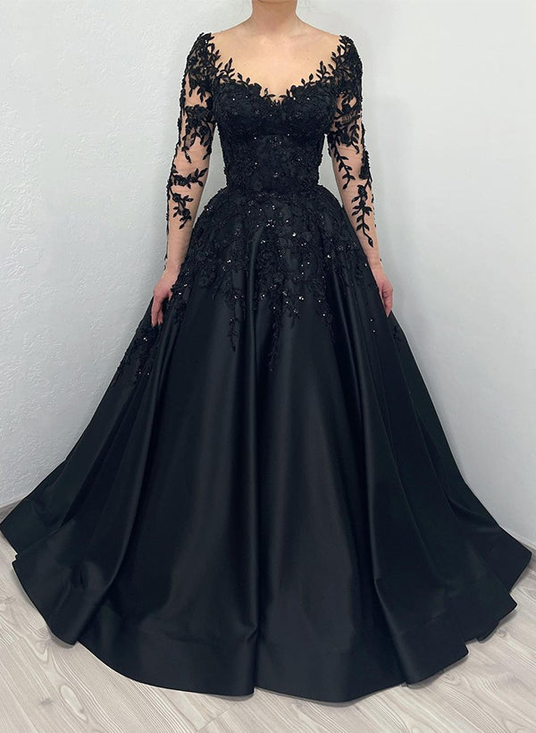 Black Long Sleeves A-Line Sweetheart Lace Satin Wedding Dress with Sweep Train