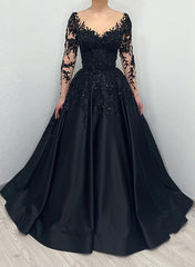 Black Long Sleeves A-Line Sweetheart Lace Satin Wedding Dress with Sweep Train