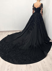 Black Long Sleeves A-Line Sweetheart Lace Satin Wedding Dress with Sweep Train