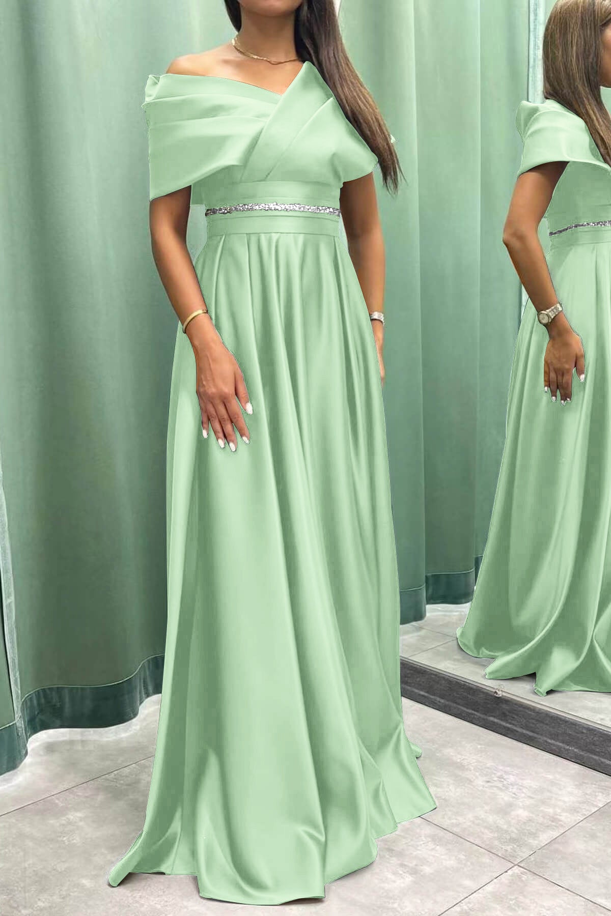 Elegant Off-the-Shoulder Long Pleated Evening Dress On Sale