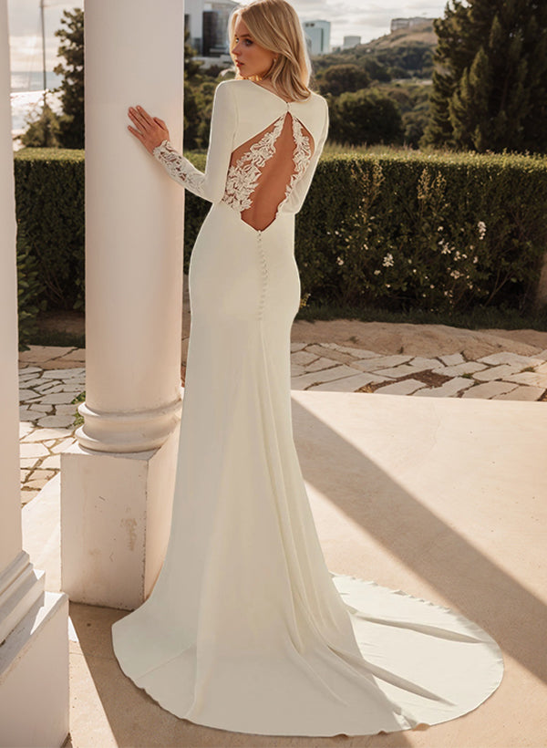 Elegant Long Mermaid V-neck Satin Backless Wedding Dresses with Sleeves