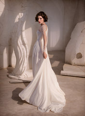 Long Sleeves A-Line Scoop Neck Chiffon Lace Wedding Dresses With Front Split