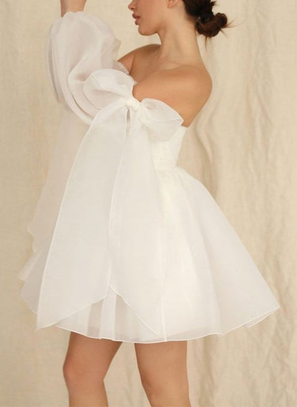 Short A-line Strapless Tulle Wedding Dresses With Bows