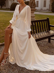 Long Sleeves A-Line V-Neck Sweep Train Chiffon Wedding Dresses With Slit