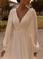 Long Sleeves A-Line V-Neck Sweep Train Chiffon Wedding Dresses With Slit