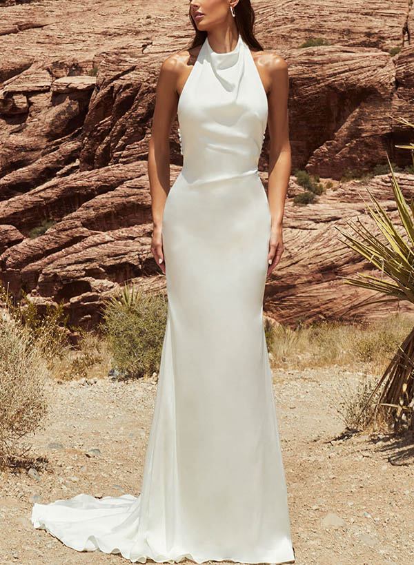 Long Mermaid Halter Satin Open Back Wedding Dresses