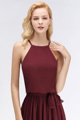 Burgundy Halter Chiffon A-Line Bridesmaid Dress