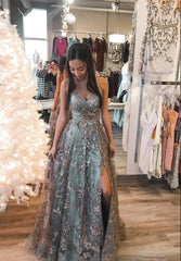 A-line V-Neck Open Back Tulle Satin Long Appliqued Prom Dress With Split