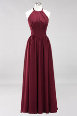 Plum Halter Chiffon A-Line Bridesmaid Dress