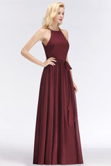 Burgundy Halter Chiffon A-Line Bridesmaid Dress