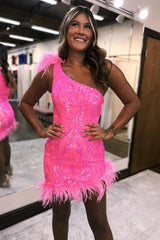 Sparkly hot pink sequin one-shoulder feather short homecoming dress - 27dress