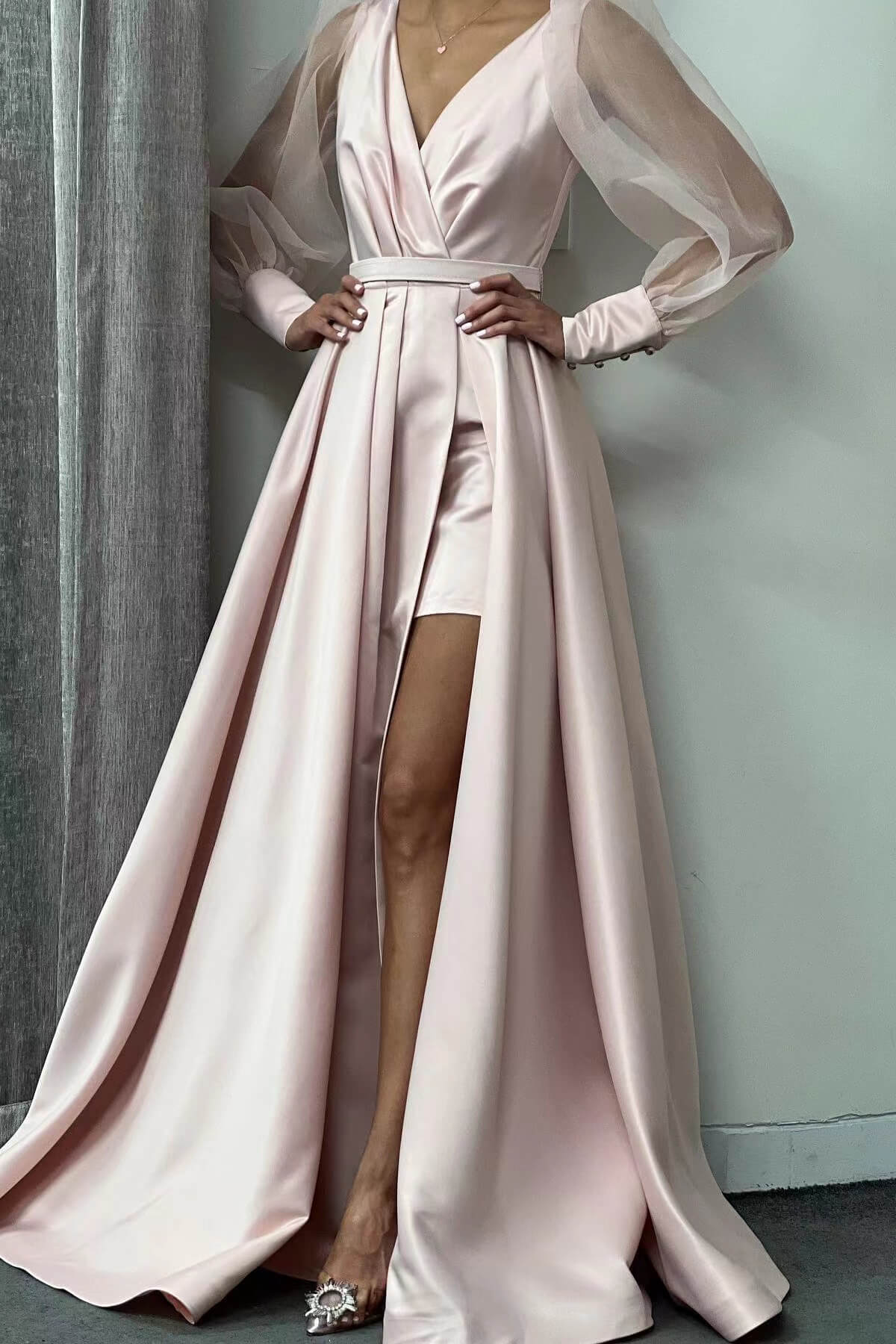 Long Sleeve A-Line Slit Evening Dress with Puff Sleeves