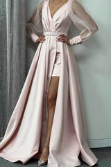 Long Sleeve A-Line Slit Evening Dress with Puff Sleeves