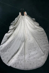 Luxury Long A-Line Bateau Tulle Half Sleeves Monarch Train Wedding Dresses