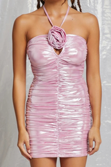 Metallic Halter Pink Rosette Pleated Mini Dress